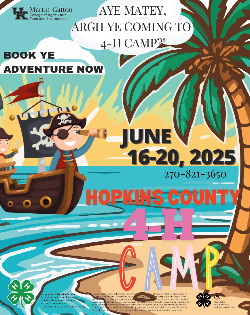 2025 4-H Summer Camp. June 16-20. Book ye adventure now. 